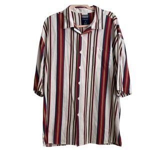 Trust Mens 3X Linen Blend Striped Short Sleeve Button Down Shirt Red Navy Tan